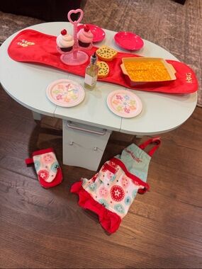 American Girl Play Kitchen Tea Set with Red  Apron & Oven Mitt